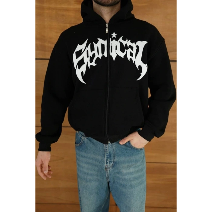 Erkek Kapüşonlu Sweatshirt  Hoodie 3 İplik Şardonlu Pamuklu Kumaş, Önü Baskılı, Fermuarlı Rahat Kalıp, Kışlık Ve Sokak Stili Sweat - Siyah