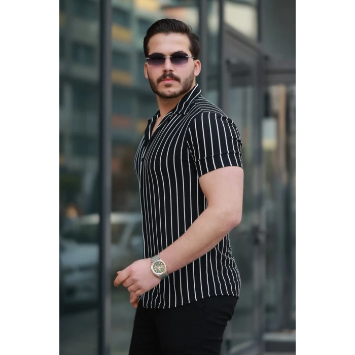 Erkek Kısa Kollu Beyaz çizgi Desenli örme Kumaş Pamuklu Gömlek