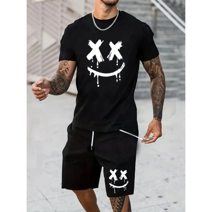 Erkek Kısa Kollu Bisiklet Yaka Baskılı Bluz Ipli Short Iki Iplik Takım