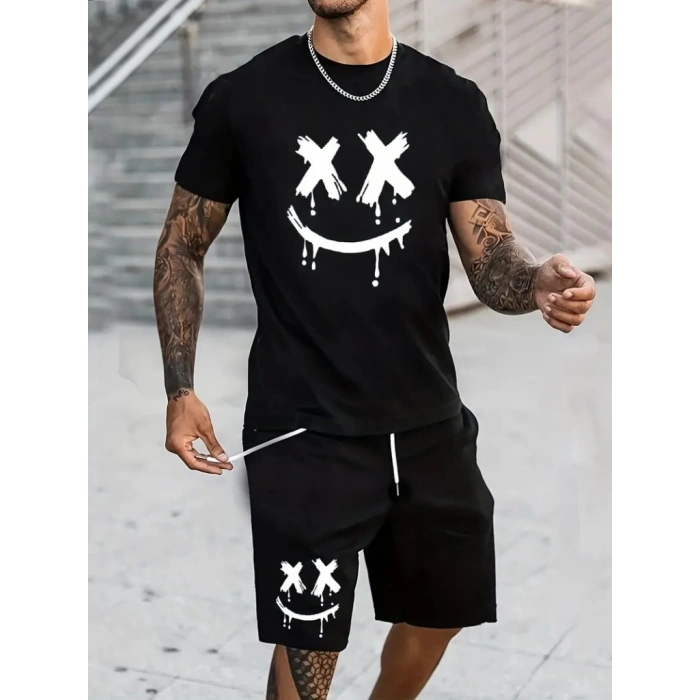 Erkek Kısa Kollu Bisiklet Yaka Baskılı Bluz Ipli Short Iki Iplik Takım