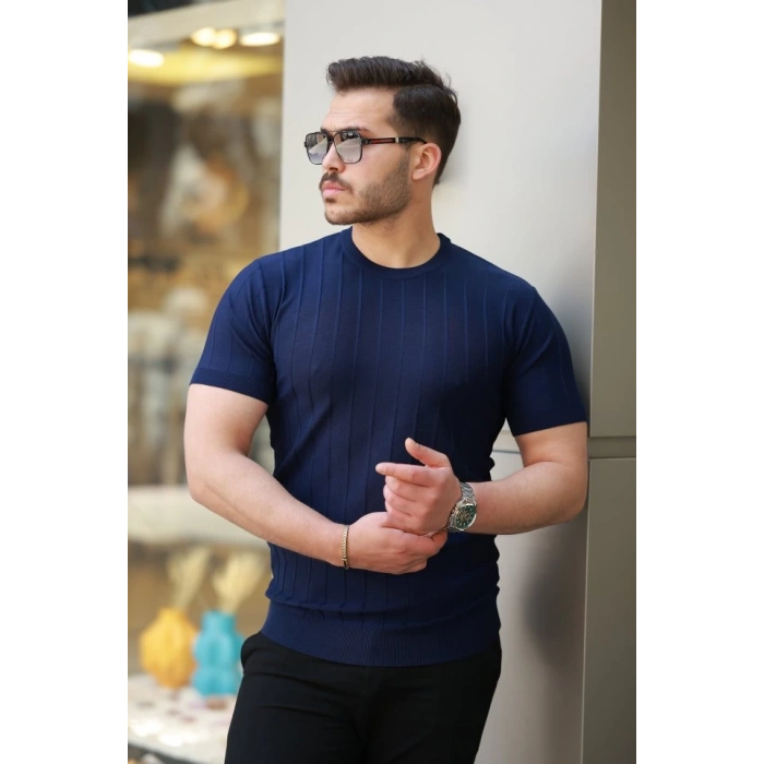 Erkek Kısa Kollu Bisiklet Yaka çizgili Triko Tişört