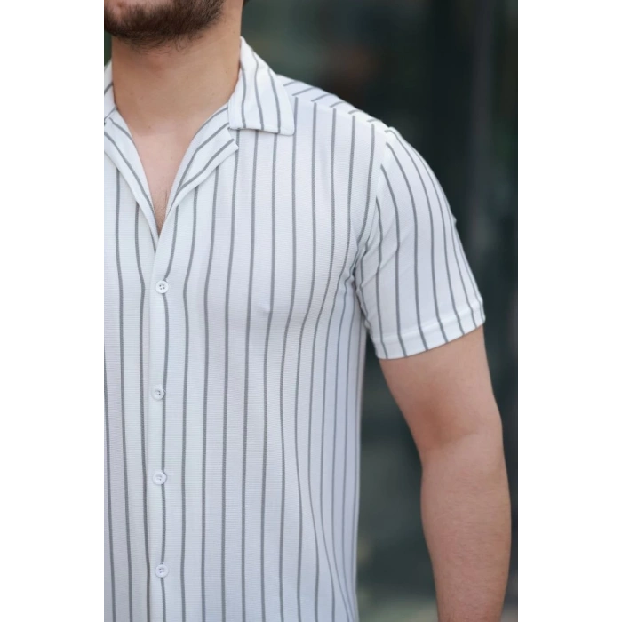 Erkek Kısa Kollu Gri çizgi Desenli örme Kumaş Pamuklu Gömlek