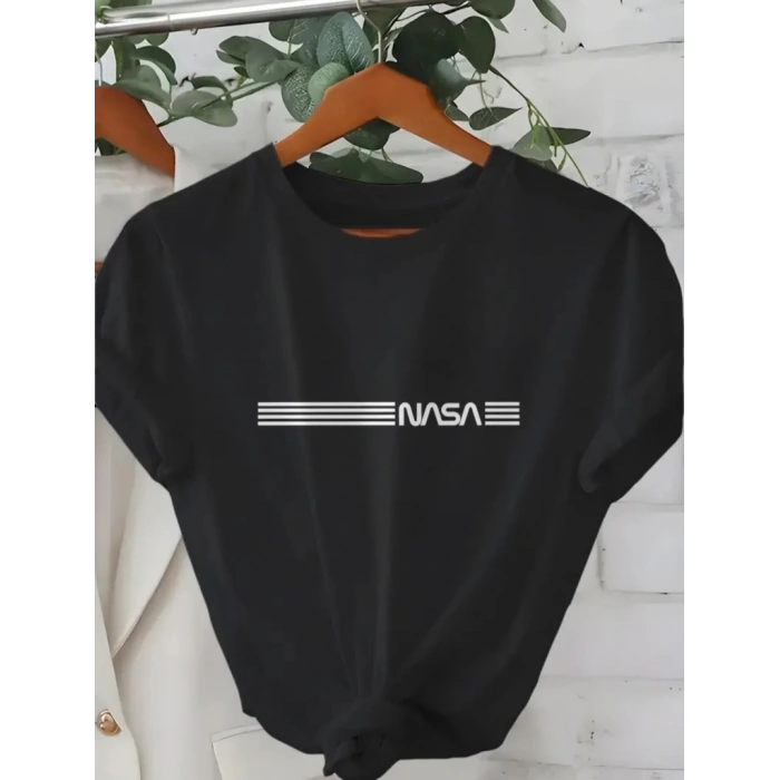 Erkek Kısa Kollu NASA Baskı Bisiklet Yaka T-shirt