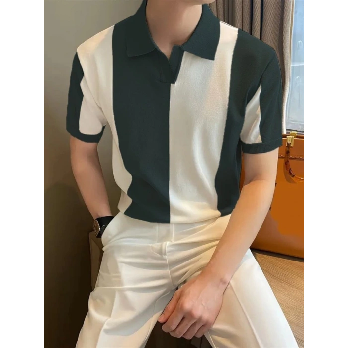 Erkek Kısa Kollu Polo Yakalı Blok Desenli Triko Tişört