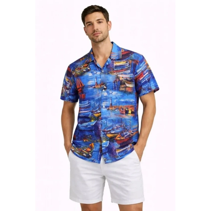 Erkek Marin Desenli Kısa Kol Gömlek Yazlık Rahat Kalıp Dijital Baskılı - Desenli
