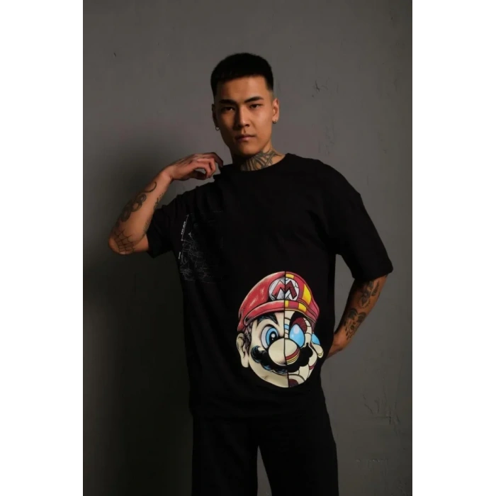 Erkek Mario Baskılı Oversize T-Shirt - Siyah
