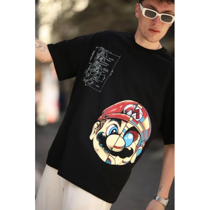 Erkek Mario Baskılı Oversize T-Shirt - Siyah
