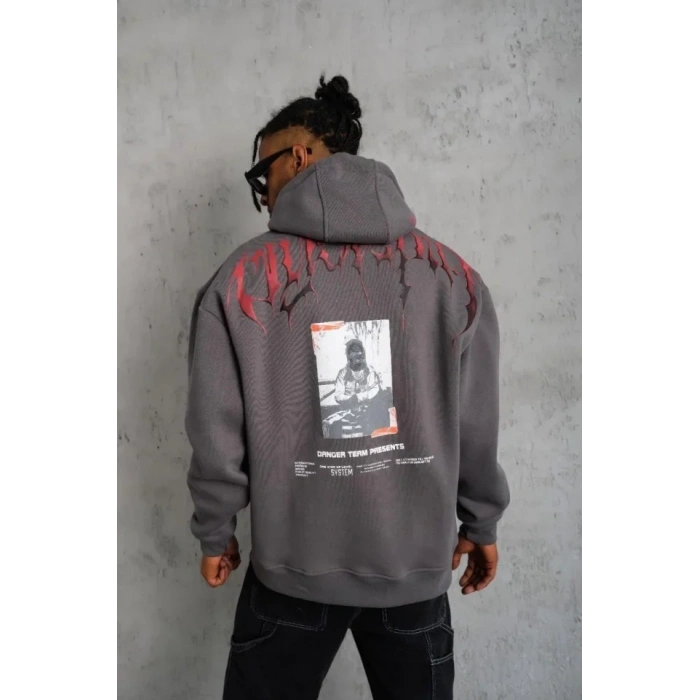 Erkek Ön Ve Arka Baskılı Kapüşonlu 3 İplik Sweatshirt - Füme