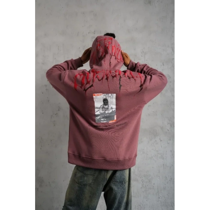 Erkek Ön Ve Arka Baskılı Kapüşonlu 3 İplik Sweatshirt - Gül Kurusu