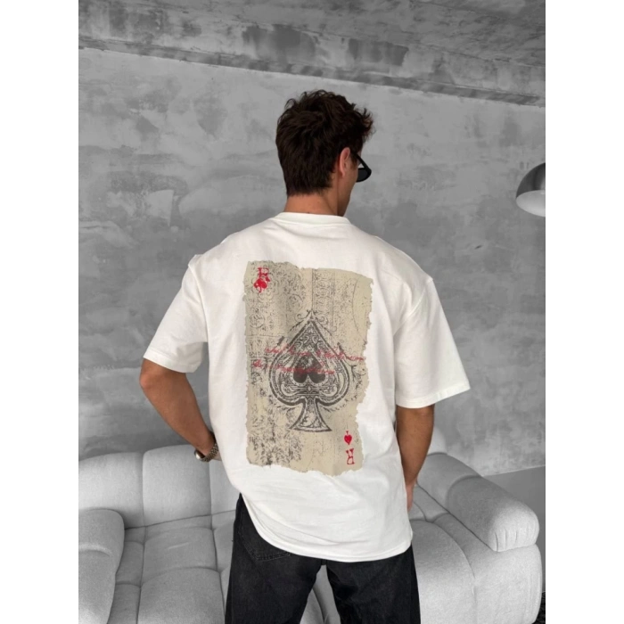 Erkek Ön Ve Arka Baskılı Oversize Bisiklet Yaka T-shirt - Beyaz