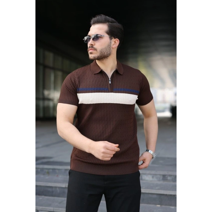 Erkek Örgü Desenli Renkli Kısa Kollu Triko Tişört