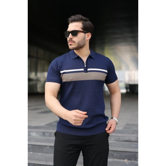 Erkek Örgü Desenli Renkli Kısa Kollu Triko Tişört