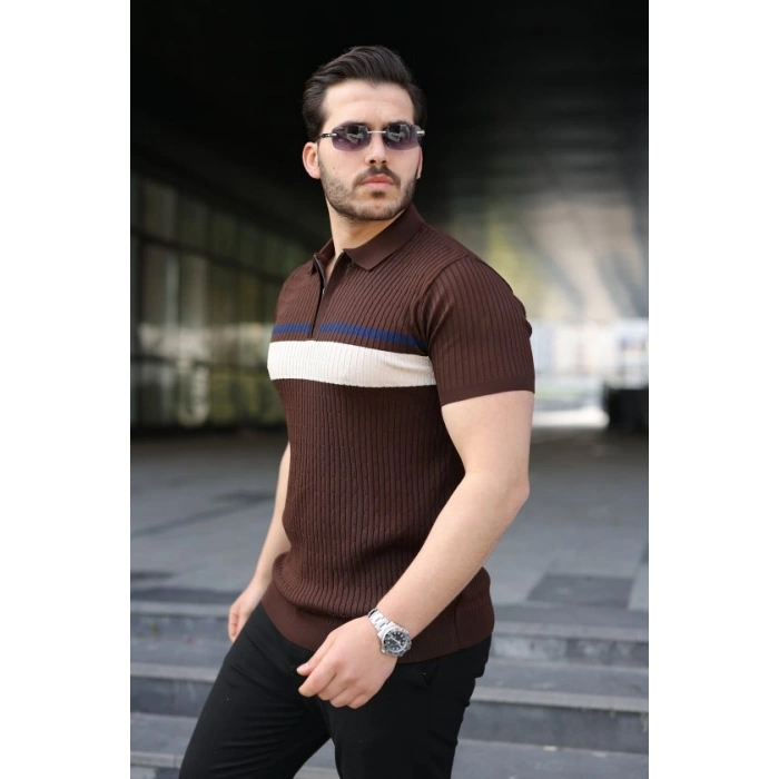 Erkek Örgü Desenli Renkli Kısa Kollu Triko Tişört