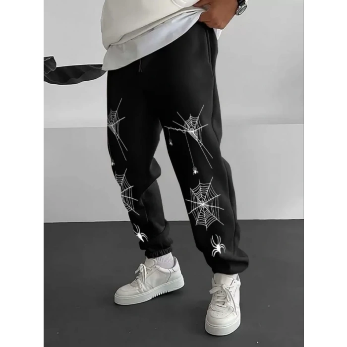 Erkek Örümcek Baskılı Eşofman Altı - Siyah