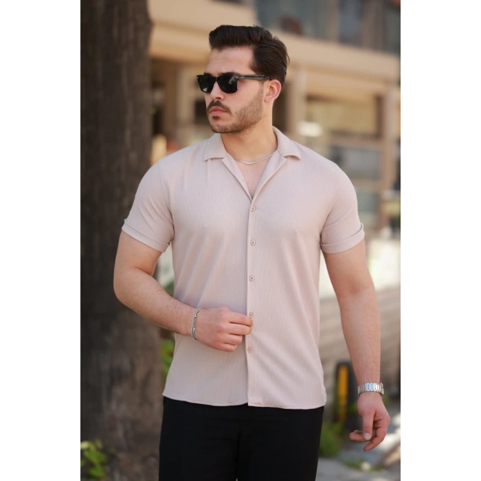 Erkek Ottoman Kumaş Apaj Yaka Kısa Kollu Gömlek