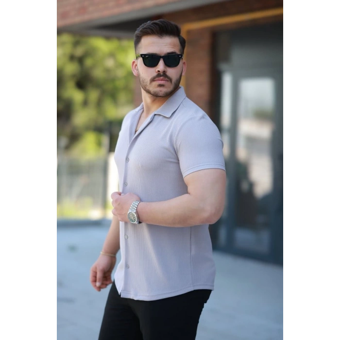 Erkek Ottoman Kumaş Apaj Yaka Kısa Kollu Gömlek
