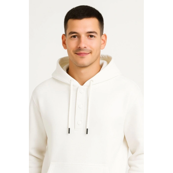 Erkek Ovarsize Kapüşonlu Swetshirt Kanguru Çepli Cıtcıtlı 3 Iplik Şardonlu Hoodie - Beyaz