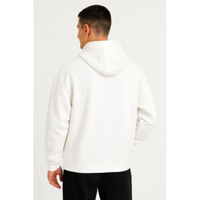 Erkek Ovarsize Kapüşonlu Swetshirt Kanguru Çepli Cıtcıtlı 3 Iplik Şardonlu Hoodie - Beyaz