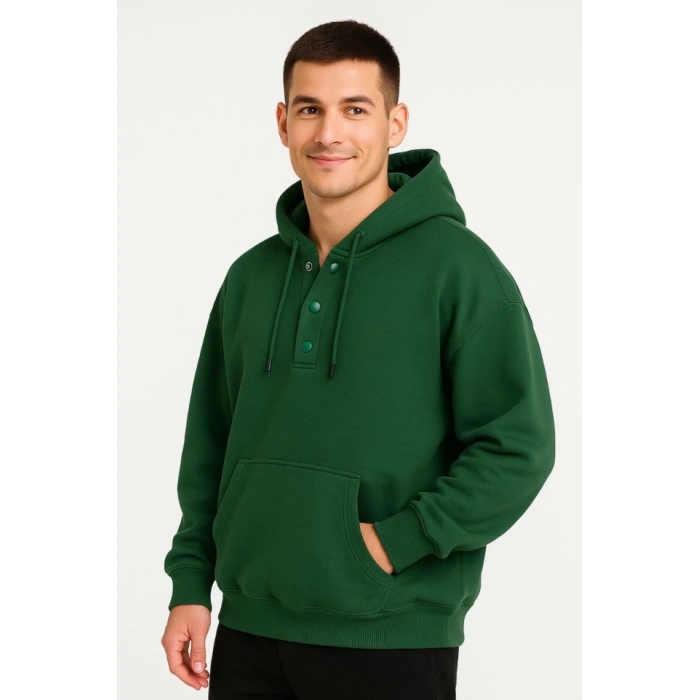 Erkek Ovarsize Kapüşonlu Swetshirt Kanguru Çepli Cıtcıtlı 3 Iplik Şardonlu Hoodie - Haki