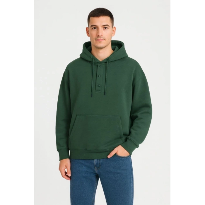 Erkek Ovarsize Kapüşonlu Swetshirt Kanguru Çepli Cıtcıtlı 3 Iplik Şardonlu Hoodie - Haki