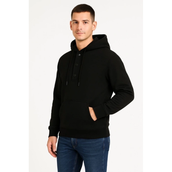 Erkek Ovarsize Kapüşonlu Swetshirt Kanguru Çepli Cıtcıtlı 3 Iplik Şardonlu Hoodie - Siyah