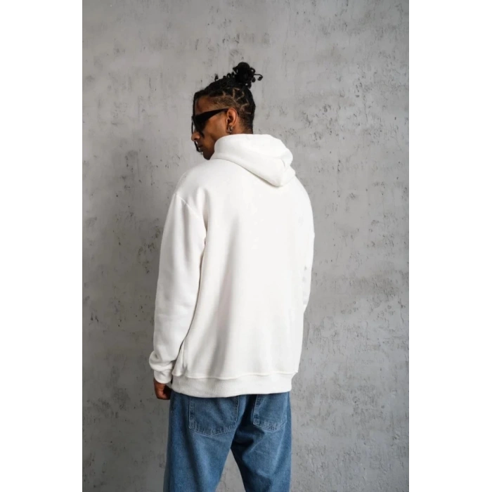 Erkek Oversize Kapüşonlu Sweatshirt – Beyaz Renk Üç İplik İçi Pamuklu Kanguru Cepli Baskılı Hoodie Rahat Kalıp Kışlık Günlük Kombinlere Uygun - Beyaz