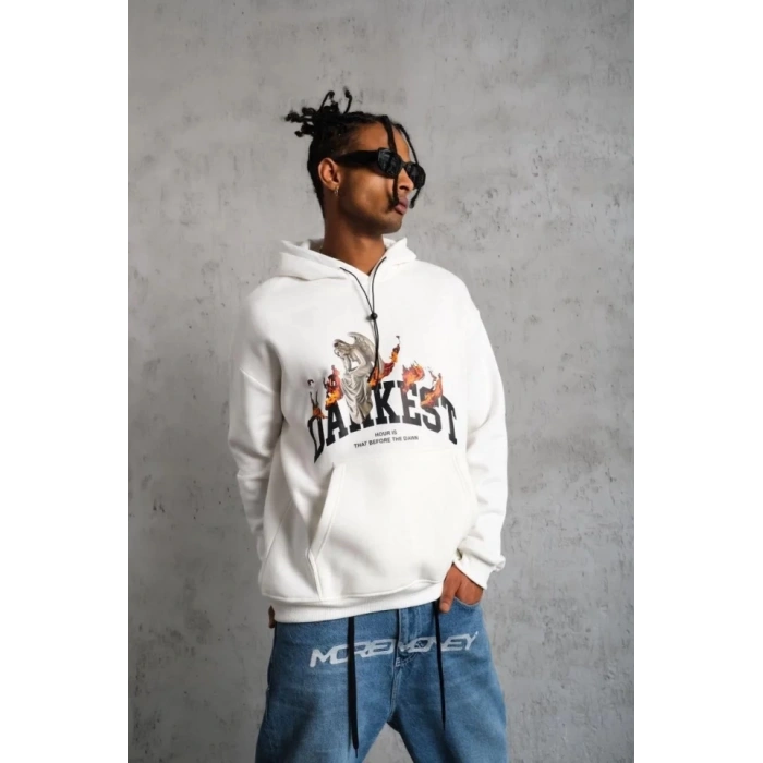 Erkek Oversize Kapüşonlu Sweatshirt – Beyaz Renk Üç İplik İçi Pamuklu Kanguru Cepli Baskılı Hoodie Rahat Kalıp Kışlık Günlük Kombinlere Uygun - Beyaz
