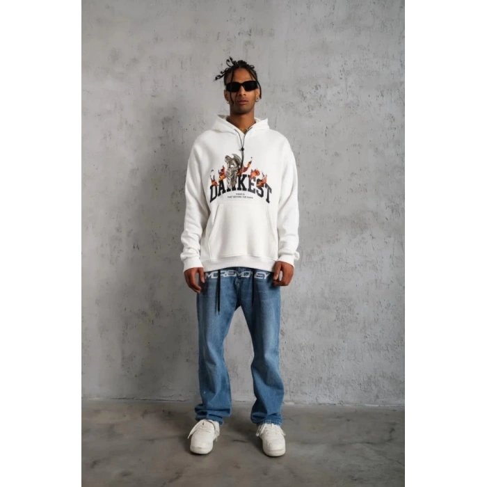 Erkek Oversize Kapüşonlu Sweatshirt – Beyaz Renk Üç İplik İçi Pamuklu Kanguru Cepli Baskılı Hoodie Rahat Kalıp Kışlık Günlük Kombinlere Uygun - Beyaz