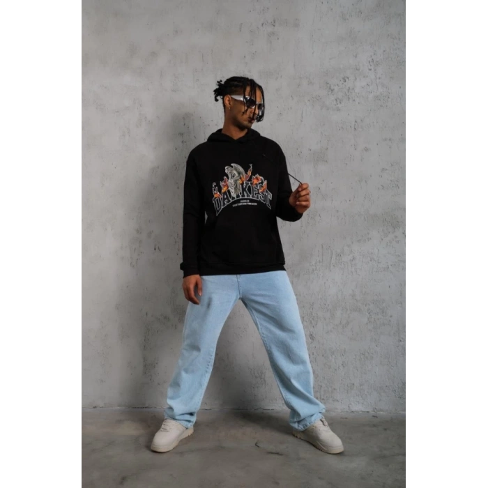 Erkek Oversize Kapüşonlu Sweatshirt – Siyah Renk Üç İplik İçi Pamuklu Kanguru Cepli Baskılı Hoodie Rahat Kalıp Kışlık Günlük Kombinlere Uygun - Siyah
