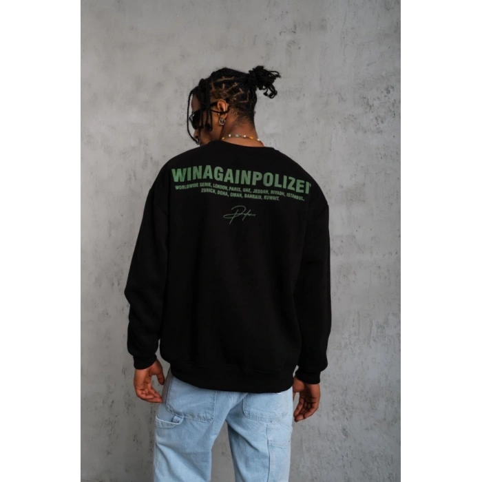 Erkek Oversize Sweatshirt – Siyah Renk  Ön Ve Sırt Baskılı, Üç İplik İçi Pamuklu Kumaş, Rahat Kalıp, Ribanalı Kışlık Sweat  Winagain Polizei Serisi - Siyah