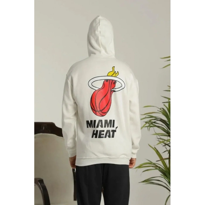 Erkek Oversize Üç İplik Kapüşonlu Sweatshirt –Sırt Ve Ön Baskılı, Kanguru Cepli, Rahat Kalıp Maskot Desenli Model - Siyah Beyaz