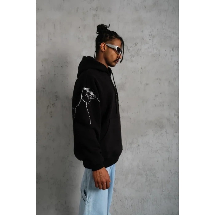 Erkek Oversize Üç İplik Kapüşonlu Sweatshirt – Siyah “Don’t Be Terrified” Ön, Sırt Ve Kol Baskılı, Kanguru Cepli, Ribanalı Rahat Model- Siyah