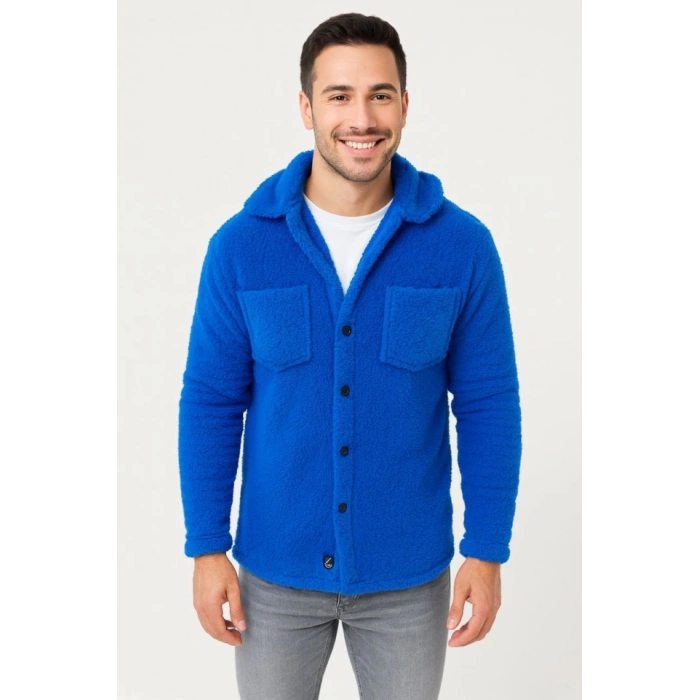 Erkek Pelüş Polar Hırka Gömlek – Yakalı, İlik Düğmeli, Göğüs Cepli, Yumuşak Dokulu Kışlık Regular Fit Rahat Günlük Model - Saks Mavisi
