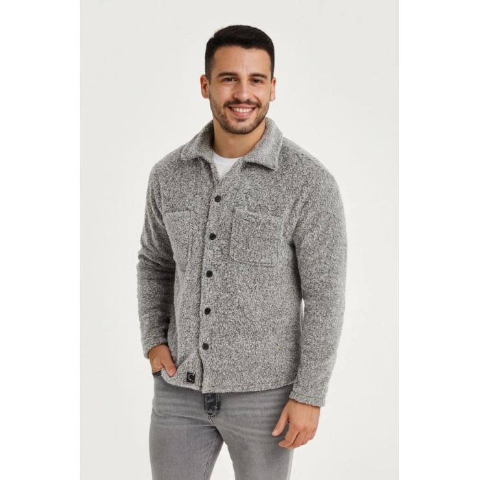 Erkek Pelüş Polar Hırka Gömlek – Yakalı, İlik Düğmeli, Göğüs Cepli, Yumuşak Dokulu Kışlık Regular Fit Rahat Günlük Model - Gri
