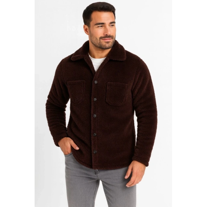 Erkek Pelüş Polar Hırka Gömlek – Yakalı, İlik Düğmeli, Göğüs Cepli, Yumuşak Dokulu Kışlık Regular Fit Rahat Günlük Model - Kahverengi