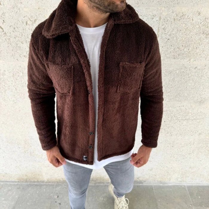 Erkek Pelüş Polar Hırka Gömlek – Yakalı, İlik Düğmeli, Göğüs Cepli, Yumuşak Dokulu Kışlık Regular Fit Rahat Günlük Model - Kahverengi