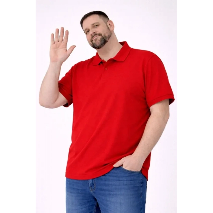 Erkek Pike Kumaş Düğmeli Yaka Battal Büyük Beden Günlük Kısa Kol Tişört T-shirt - Kırmızı