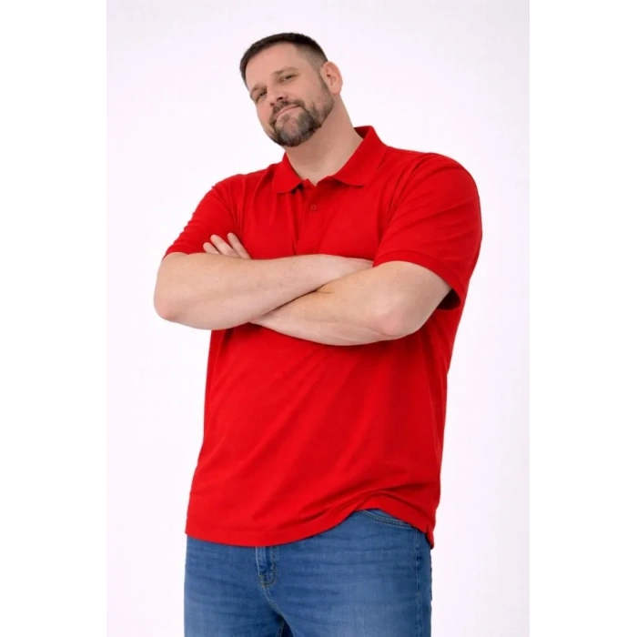 Erkek Pike Kumaş Düğmeli Yaka Battal Büyük Beden Günlük Kısa Kol Tişört T-shirt - Kırmızı