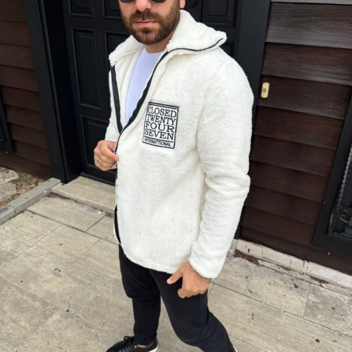 Erkek Polar Fermuarlı Sweatshirt – Kapüşonsuz, Cepli, Yumuşak Dokulu, Oversize Rahat Kalıp, Kışlık Sıcak Tutan Fermuarlı Üst - Beyaz