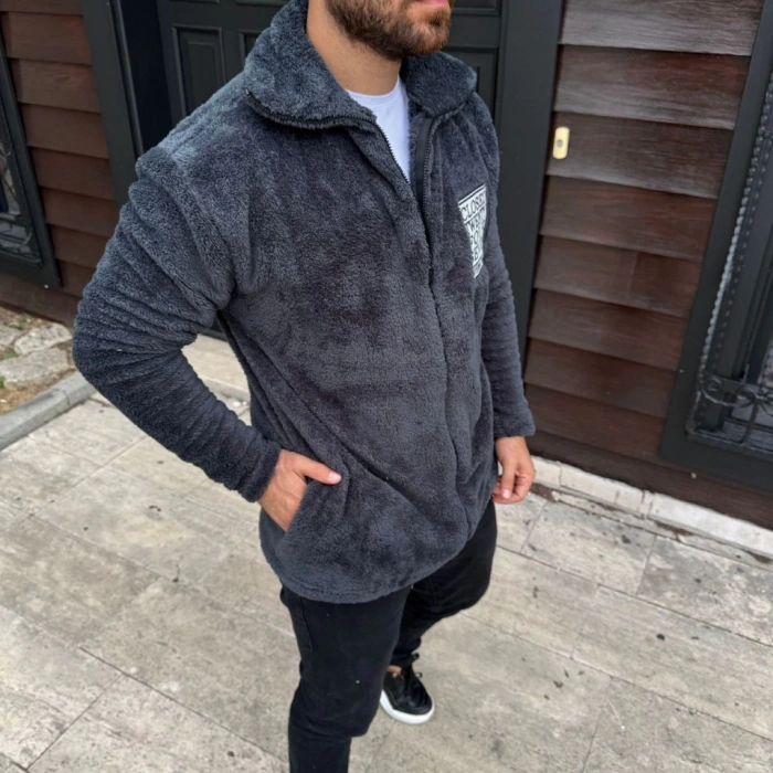 Erkek Polar Fermuarlı Sweatshirt – Kapüşonsuz, Cepli, Yumuşak Dokulu, Oversize Rahat Kalıp, Kışlık Sıcak Tutan Fermuarlı Üst - Füme