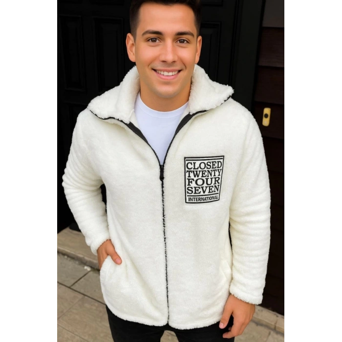 Erkek Polar Fermuarlı Sweatshirt – Kapüşonsuz, Cepli, Yumuşak Dokulu, Oversize Rahat Kalıp, Kışlık Sıcak Tutan Fermuarlı Üst - Beyaz