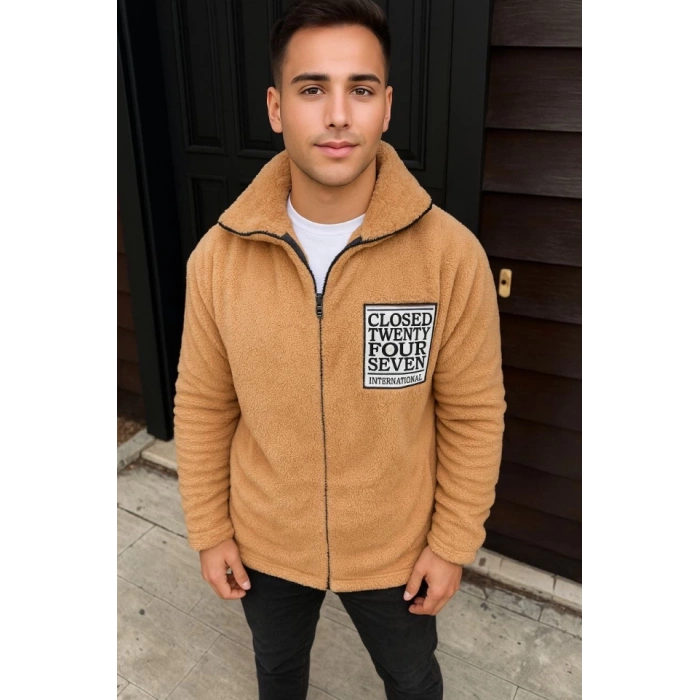 Erkek Polar Fermuarlı Sweatshirt – Kapüşonsuz, Cepli, Yumuşak Dokulu, Oversize Rahat Kalıp, Kışlık Sıcak Tutan Fermuarlı Üst - Kahverengi
