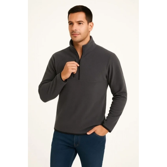 Erkek Polar Kazak Dik Yaka Yarım Fermuarlı Fermuarlı Göğüs Cepli Siyah Biyeli - Füme