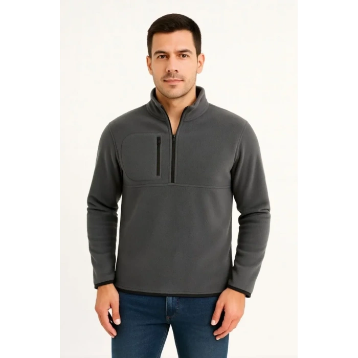 Erkek Polar Kazak Dik Yaka Yarım Fermuarlı Fermuarlı Göğüs Cepli Siyah Biyeli - Füme