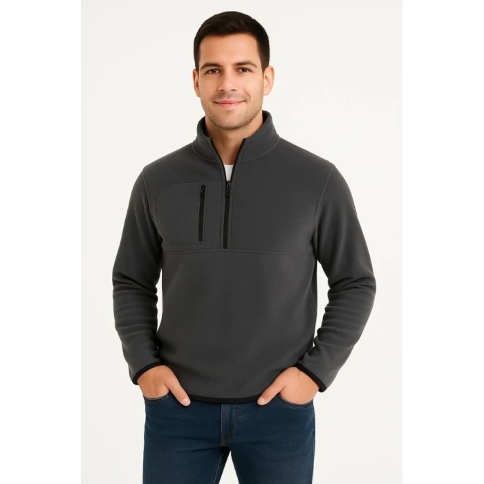 Erkek Polar Kazak Dik Yaka Yarım Fermuarlı Fermuarlı Göğüs Cepli Siyah Biyeli - Füme