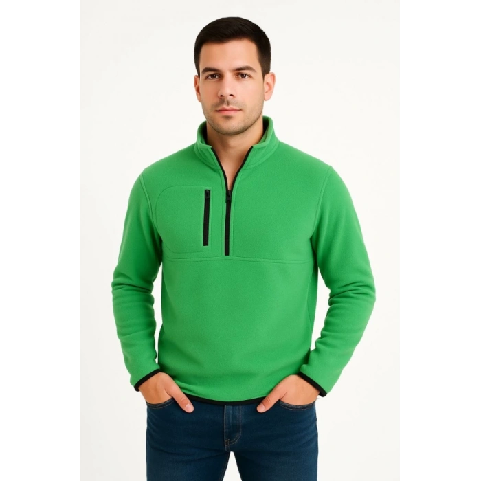 Erkek Polar Kazak – Dik Yaka, Yarım Fermuarlı, Fermuarlı Göğüs Cepli, Siyah Biyeli, Kışlık Rahat Regular Fit Günlük Model - Yeşil