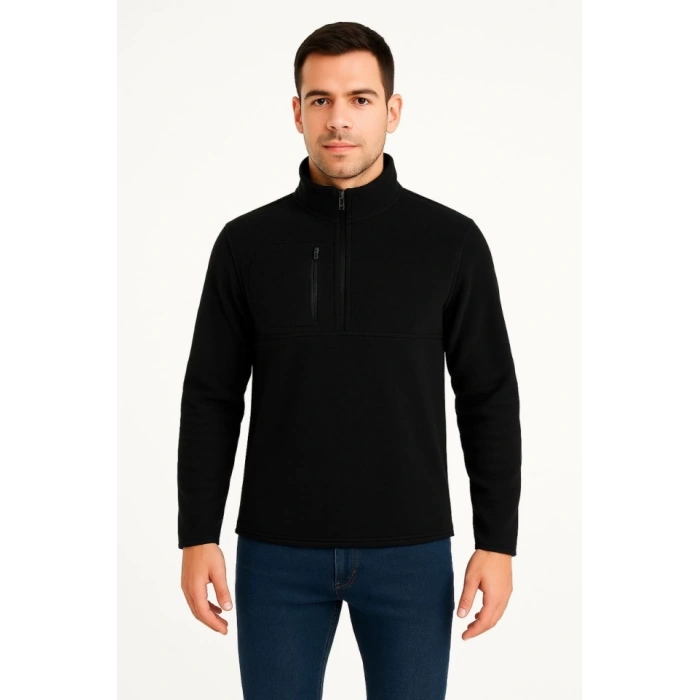 Erkek Polar Kazak – Dik Yaka, Yarım Fermuarlı, Fermuarlı Göğüs Cepli, Siyah Biyeli, Kışlık Rahat Regular Fit Günlük Model - Siyah