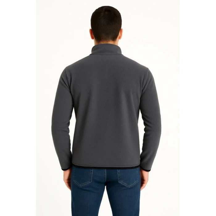 Erkek Polar Kazak – Dik Yaka, Yarım Fermuarlı, Fermuarlı Göğüs Cepli, Siyah Biyeli, Kışlık Rahat Regular Fit Günlük Model - Füme