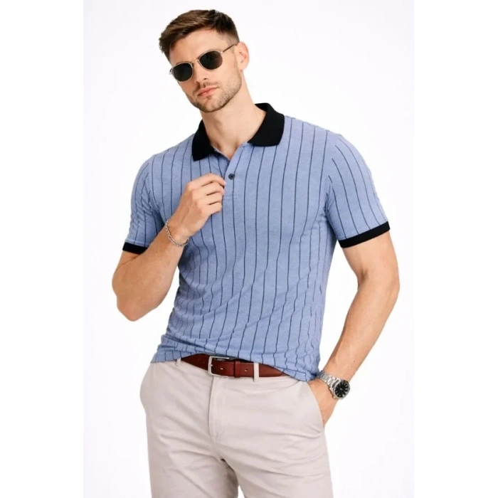 Erkek Polo Yaka Çizgili Tişört Kısa Kol Düğmeli Yazlık T-Shirt - Bebek Mavisi