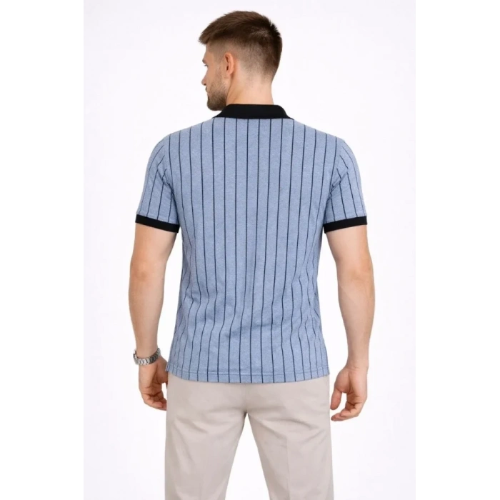 Erkek Polo Yaka Çizgili Tişört Kısa Kol Düğmeli Yazlık T-Shirt - Bebek Mavisi